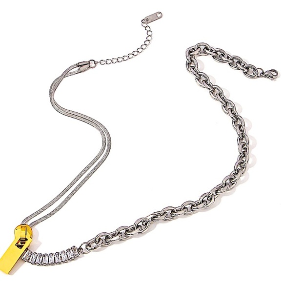 Sterling Silver Chain Link Zircon Zipper Herringbone Punk Choker Necklace - Picture 7 of 14